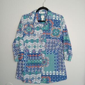 Chico's NO IRON Blue/Green/Ivory/Rust Button Up Blouse Size Large (2)